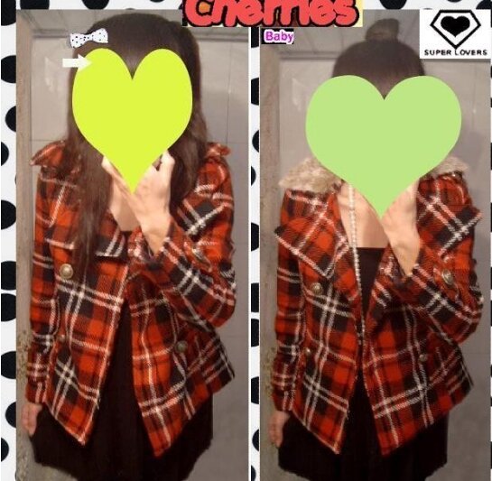 『 格子★当道.≥、红黑白杂色混搭经典格子带皮草外套 (220$).jpg